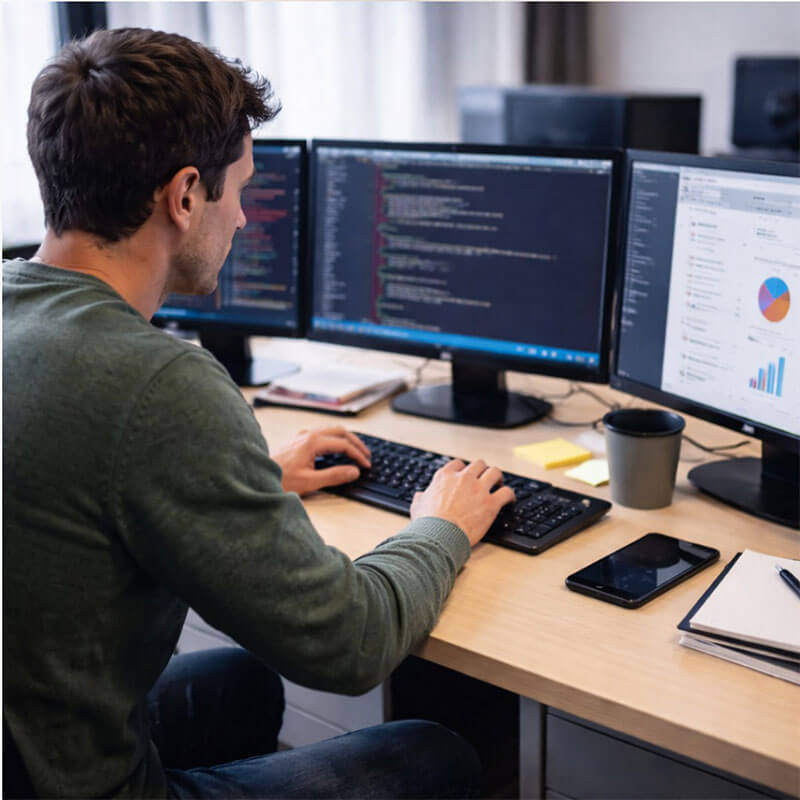 사무실에서 개발자가 여러 모니터를 보며 문제를 해결하는 작업 장면