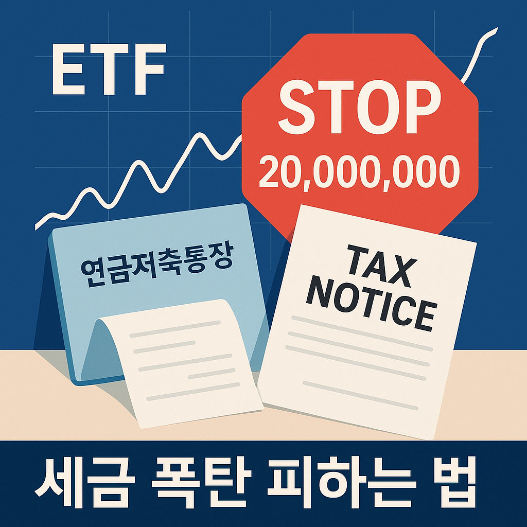ETF 과세 경고 포스터 – 연금저축 통장, TAX NOTICE 문서와 STOP 표시 포함