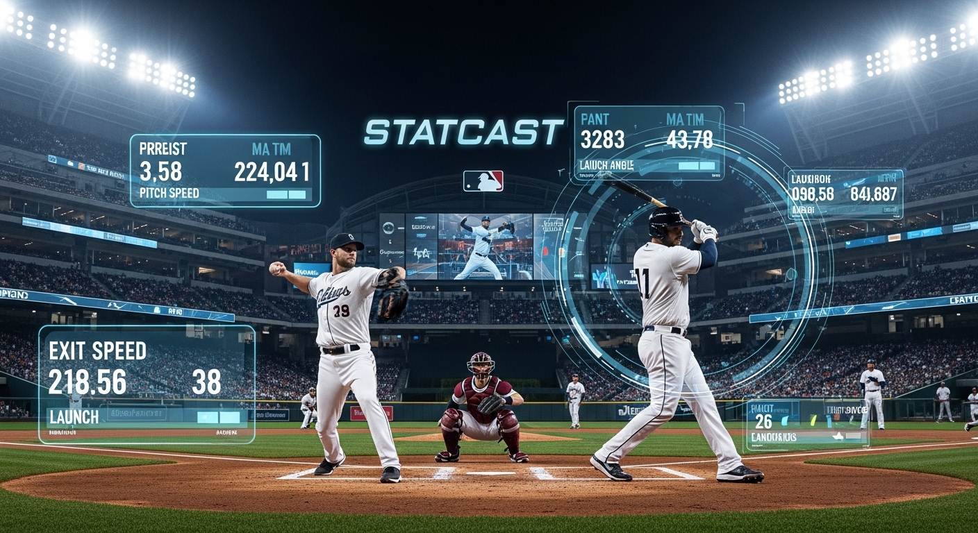 현대 메이저리그 경기장에서 스탯캐스트 데이터가 실시간으로 표시되는 첨단 야구 장면