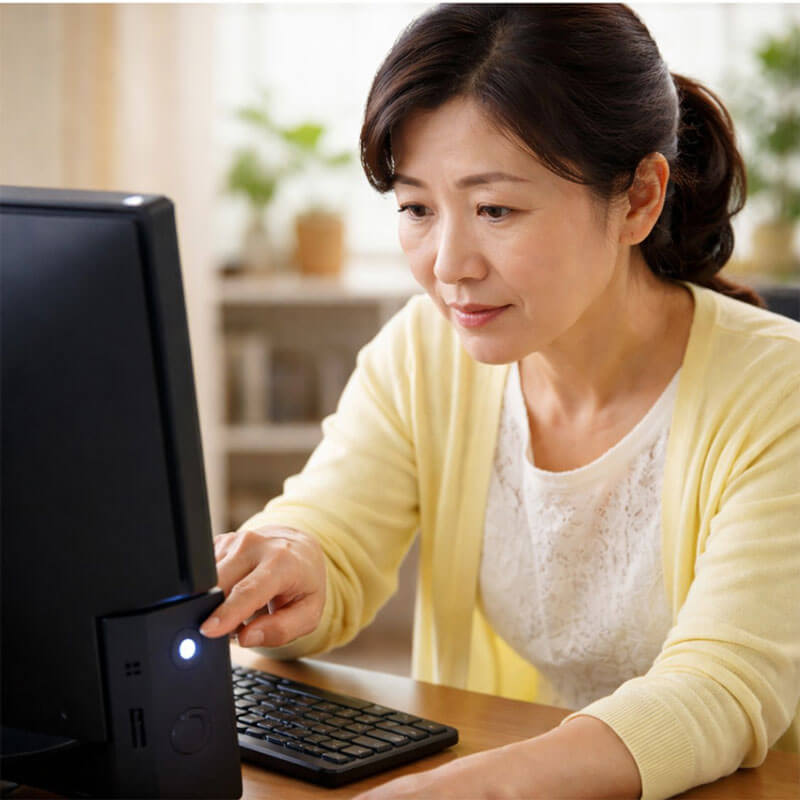 컴퓨터 전원 버튼을 처음 누르는 초보 학습자 장면