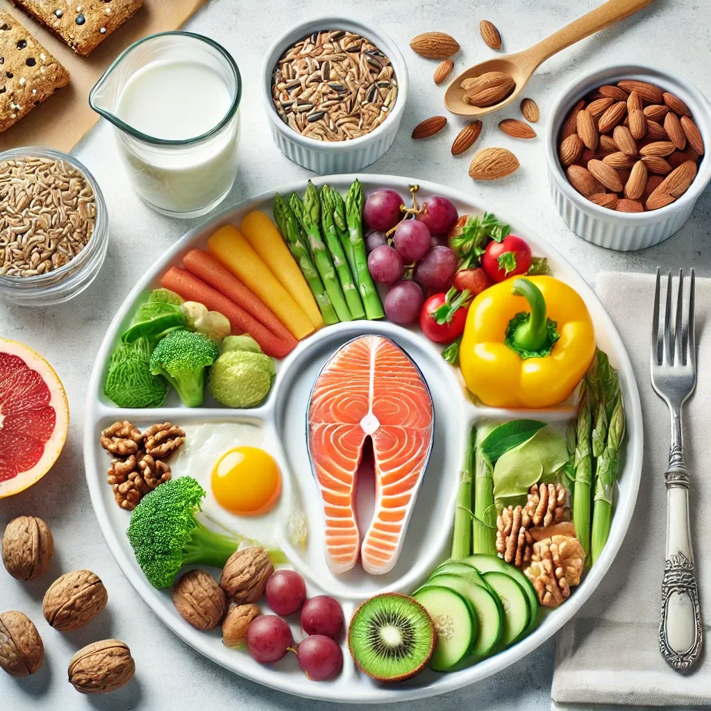치매 예방을 위한 균형 잡힌 식단으로, 과일, 채소, 통곡물, 저지방 단백질, 오메가-3가 풍부한 생선과 견과류가 담긴 접시가 깔끔한 주방에서 준비된 모습.