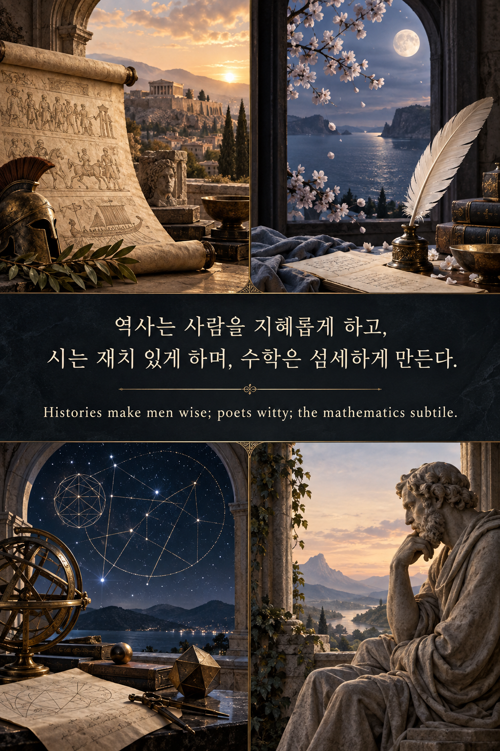 프랜시스 베이컨 명언 14 — 역사는 사람을 지혜롭게 하고, 시는 재치 있게 하며, 수학은 섬세하게 만든다.