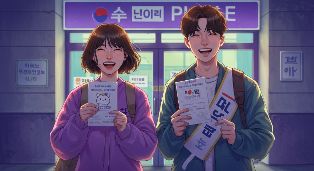 MZ세대 남녀가 개성 있는 투표 인증 용지를 들고 투표소 앞에서 밝게 웃는 모습