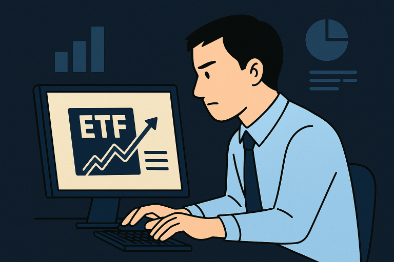 "진지한 눈빛으로 ETF 자동매수 설정을 확인하는 김대리. 화면에는 정기매수 활성화 표시가 보이며, 복리 구조에 대한 결심이 엿보이는 순간."
