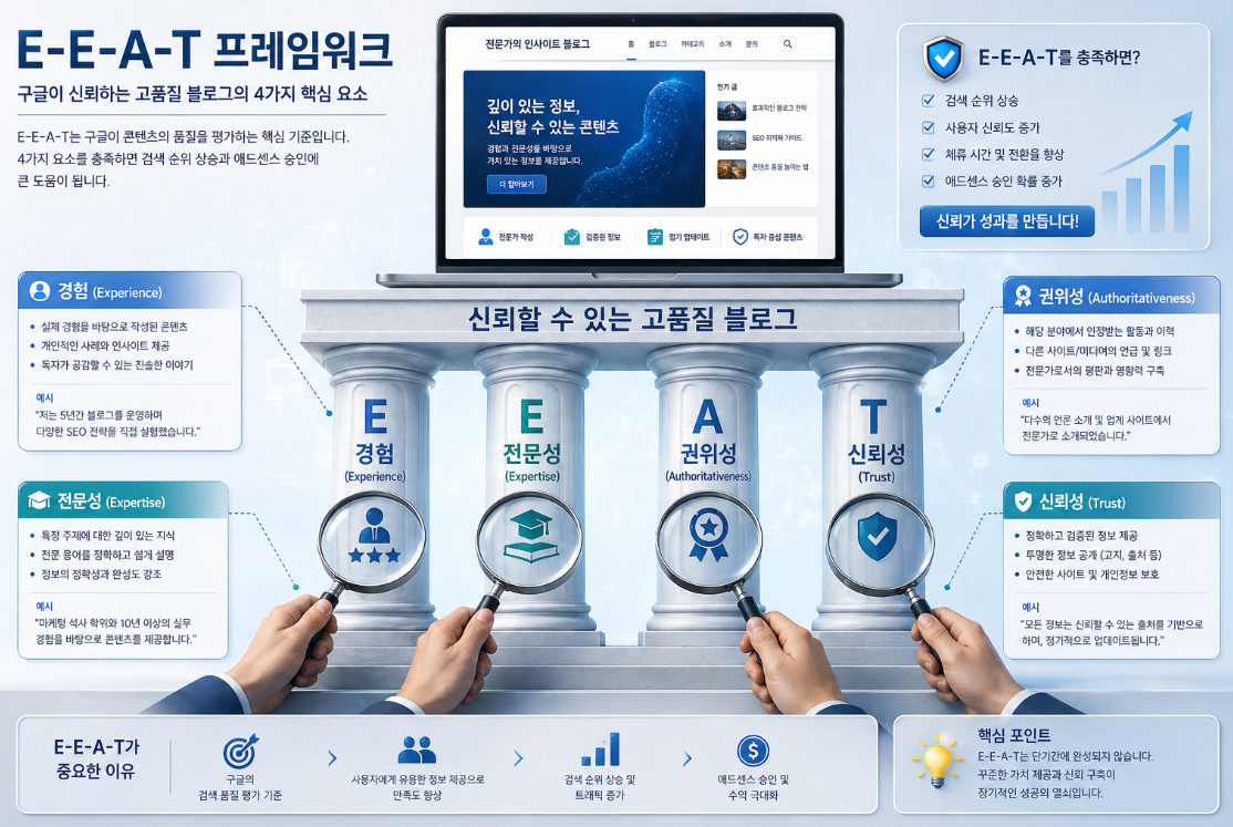 구글의 콘텐츠 품질 평가 지표인 EEAT 기둥 구조 일러스트