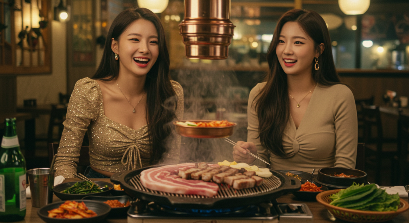 삼겹살 회식을 하는 두 여인