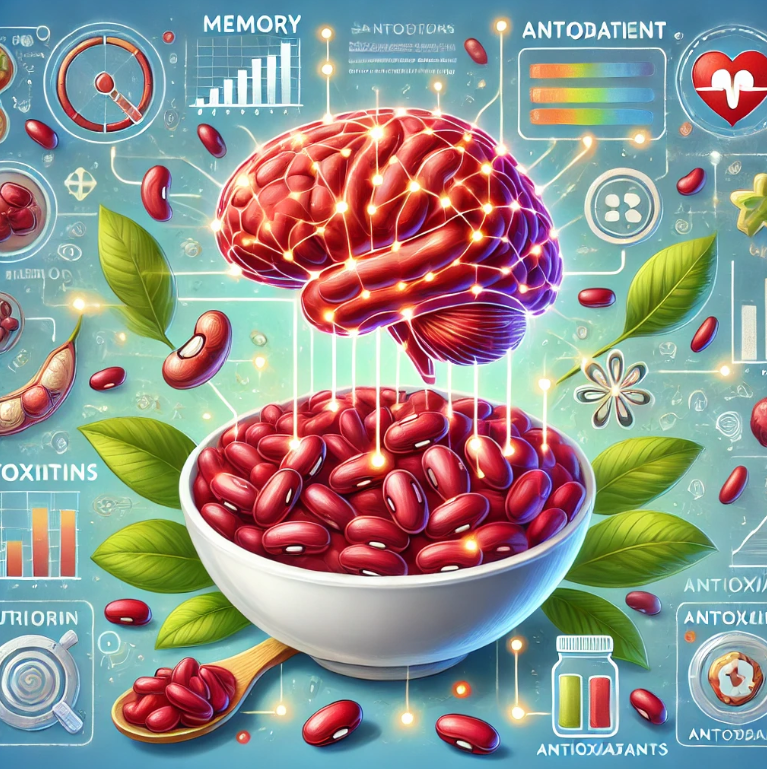 뇌 건강에 대한 팥의 영양적 이점을 보여주는 교육용 그림으로 , 기억력 , 집중력 및 인지 향상을 위한 슈퍼푸드로서의 역할을 강조