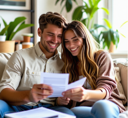 쇼파에서 서류를 보며 웃고 있는 젊은 부부
