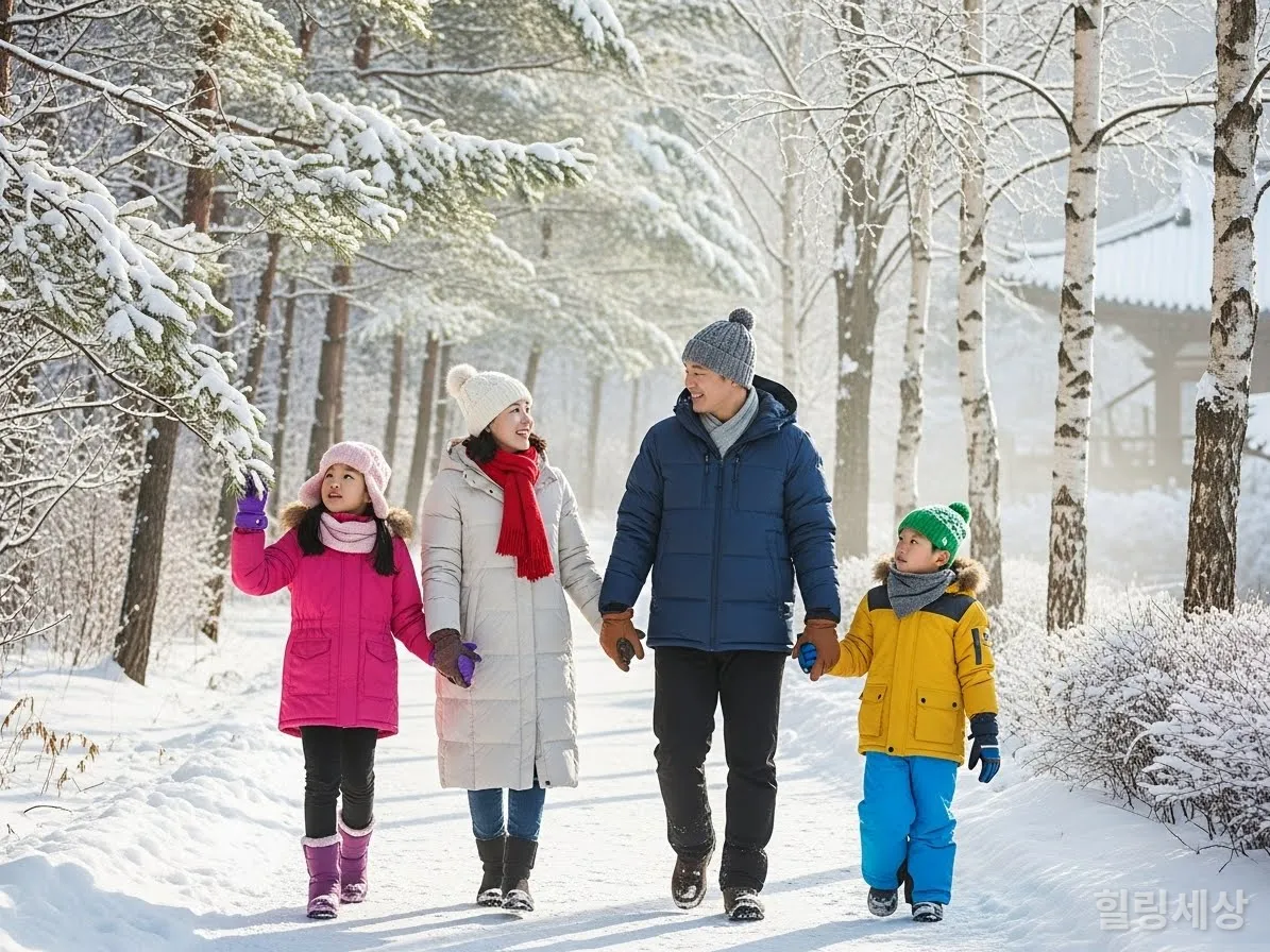 눈 덮인 숲길을 걷는 한국 가족의 겨울 웰니스 여행