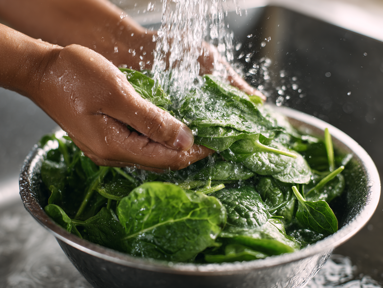 시금치 물로 깨끗이 세척하는 모습