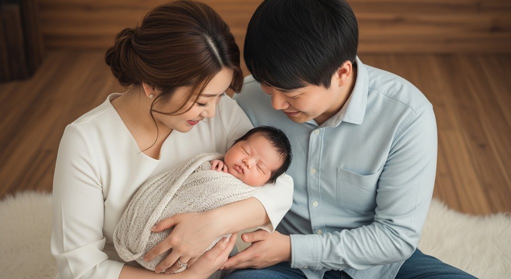 신생아 아기와 행복해 하는 부부