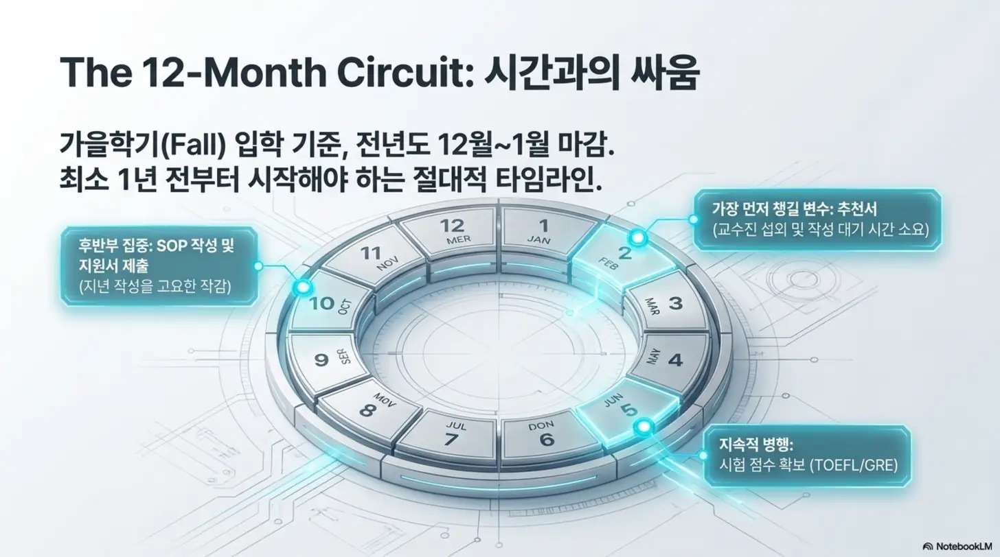 미국 대학원 가을학기 지원을 위한 12개월 준비 타임라인. 전년도 12월에서 1월 마감을 기준으로 추천서 요청&amp;#44; 시험 점수 확보&amp;#44; SOP 작성과 지원서 제출 시기를 원형 달력으로 정리한 이미지. 