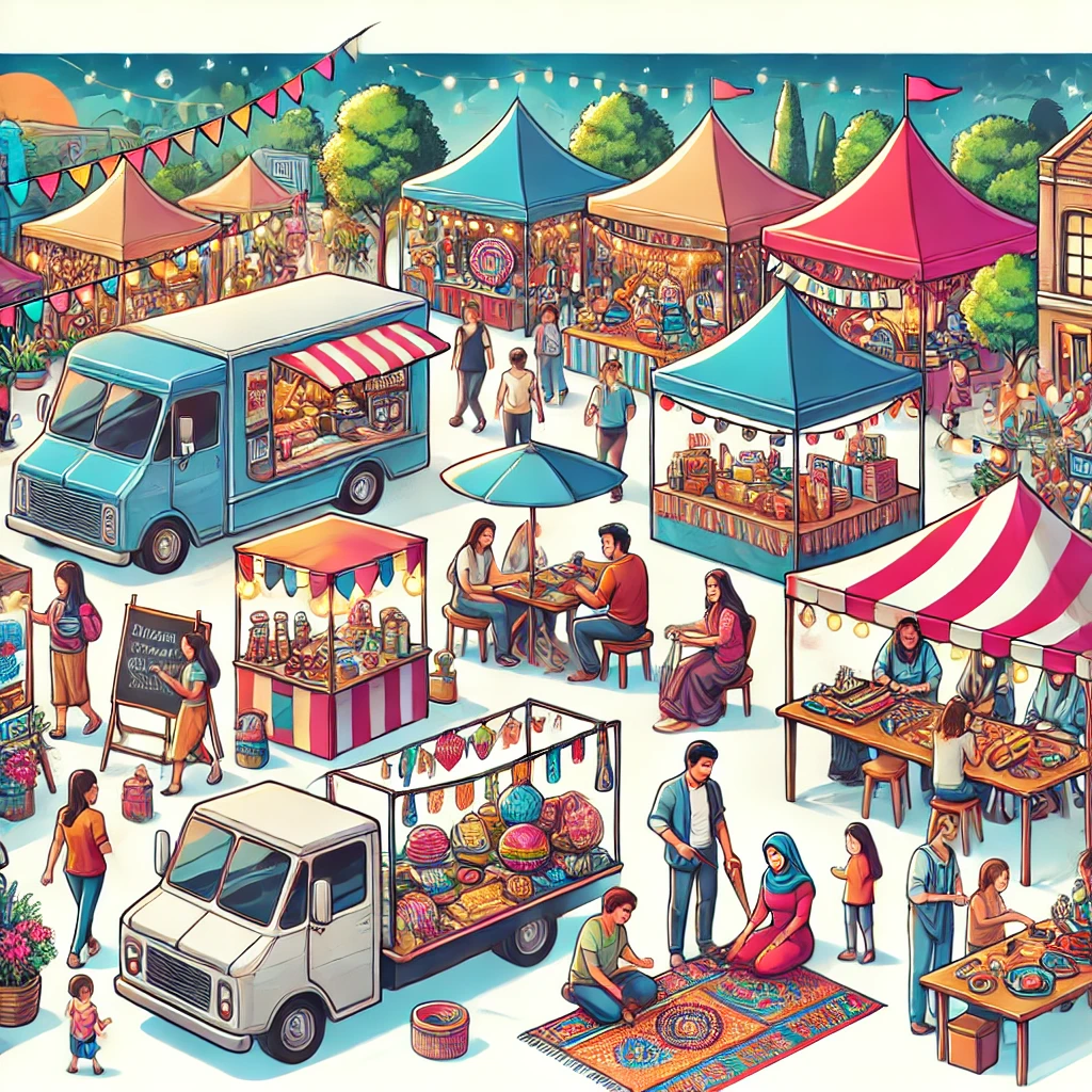 소도시 축제에서 푸드트럭과 전통 공예 부스를 포함한 활기찬 현장 이미지