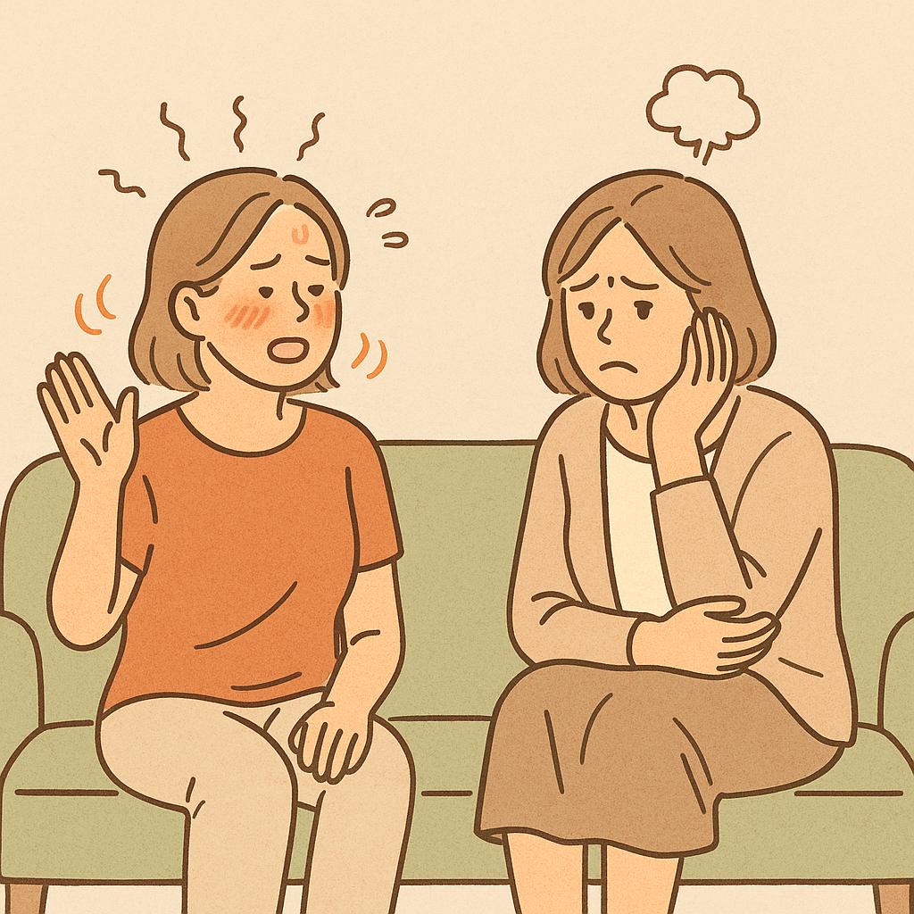 갱년기를 맞은 여성 2명이 한명은 안면홍조와 발한, 다른 한명은 불안과 우울한 모습으로 함께 앉아 서로를 바라보는 모습의 만화체 그림