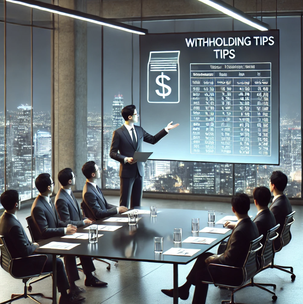 원천징수에 대해 설명하는 금융 전문가의 프레젠테이션