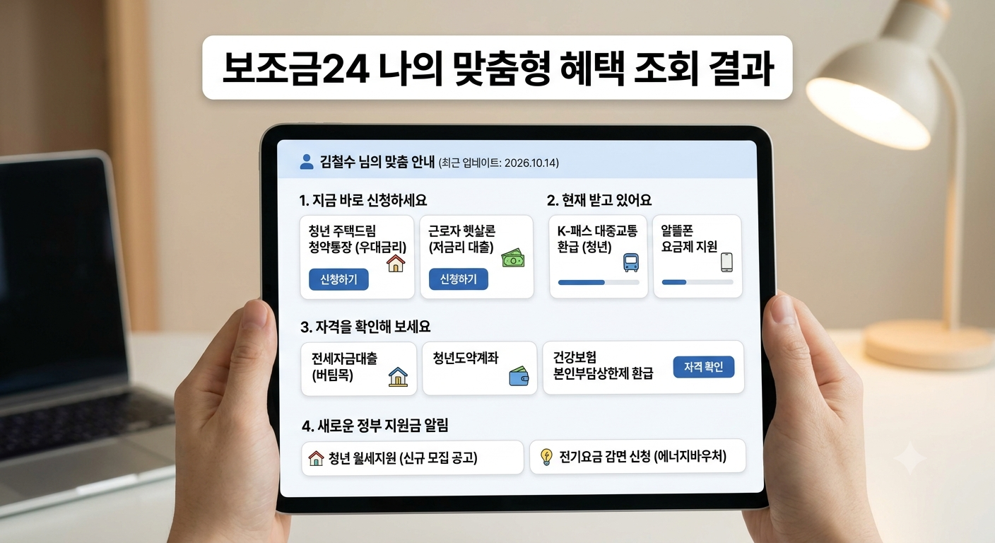 보조금24 숨은 지원금 맞춤 혜택 조회 결과 화면