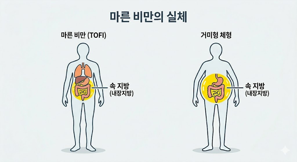 '마른 비만의 실체'라는 제목 아래, 겉은 말랐지만 내장지방이 많은 체형과 배만 볼록한 거미형 체형을 비교하며, 복부 부위에 노란색으로 강조된 내장지방의 위험성을 직관적으로 묘사한 삽화입니다.