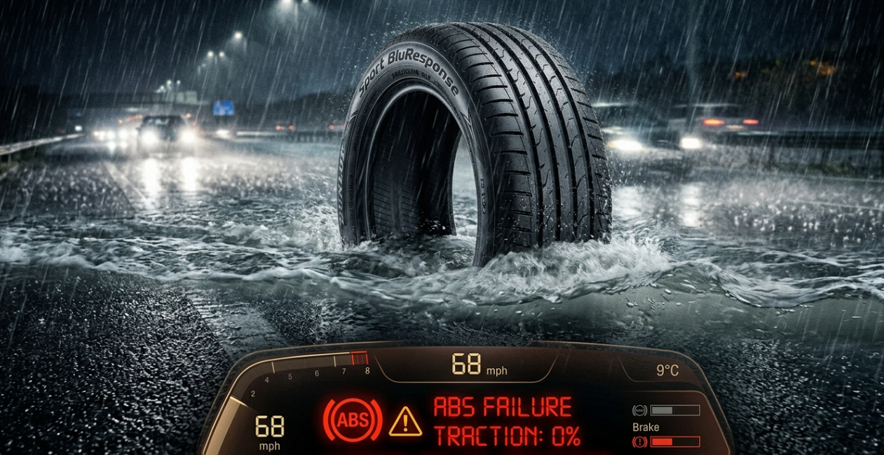 A car tire floating on water due to hydroplaning with a flashing red ABS warning indicator on a digital overlay