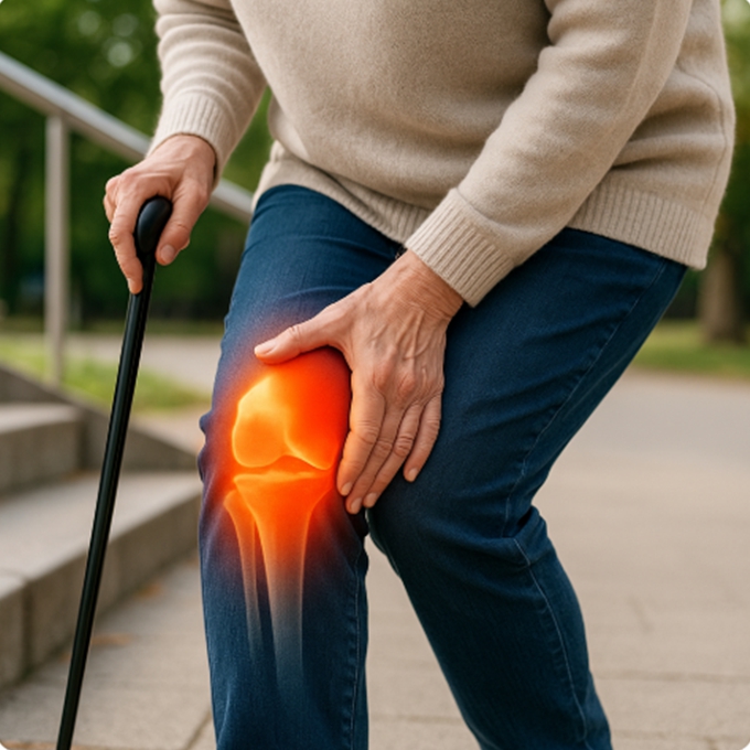 무릎 통증을 느끼며 계단을 내려오는 노인의 모습, 오른쪽 무릎은 발광 효과로 염증과 통증을 강조한 이미지