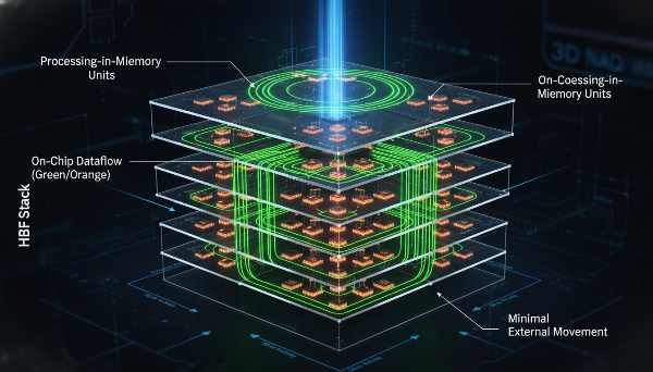 HBF의 PIM(Processing-in-Memory) 아키텍처 개념도. NAND 플래시 안에 연산 유닛이 통합되어 데이터를 효율적으로 처리한다.