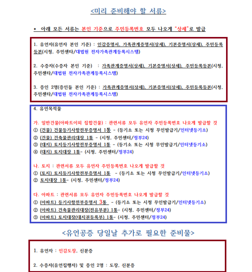 유언공증 준비서류