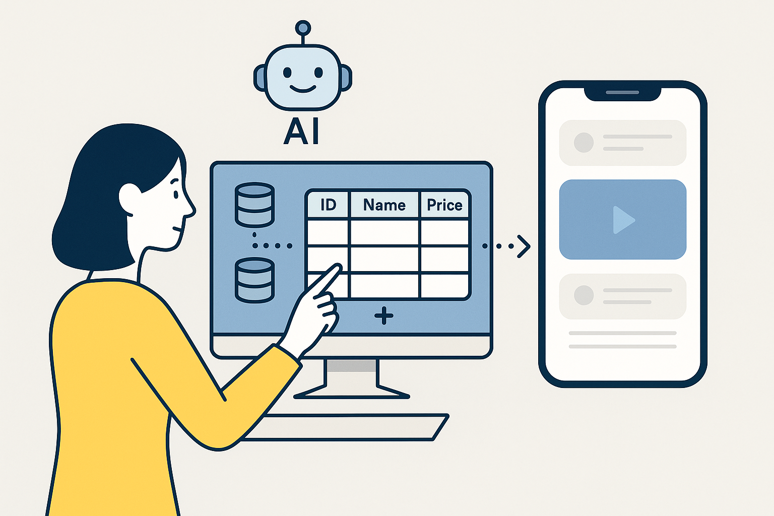 AI의 도움으로 여성 사용자가 데이터베이스를 설계하고 앱 인터페이스에 연결하는 과정을 나타낸 일러스트