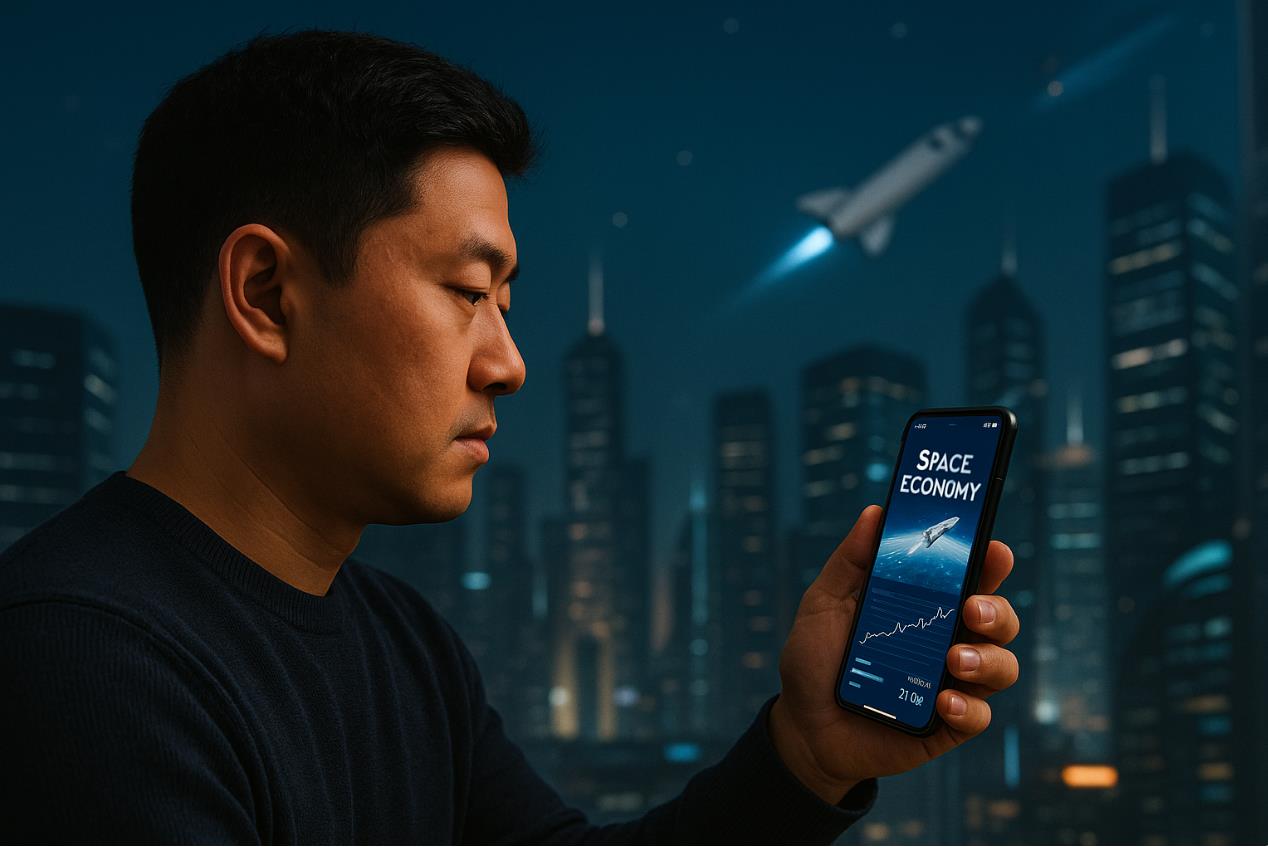 미래 도시와 우주를 배경으로 사람이 스마트폰으로 우주 뉴스/주가를 확인하는 장면