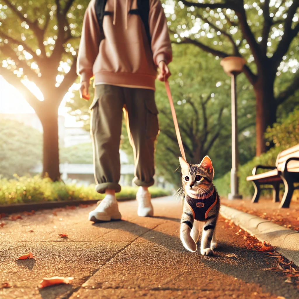 하네스 착용후 보호자와 공원 산책중이 고양이