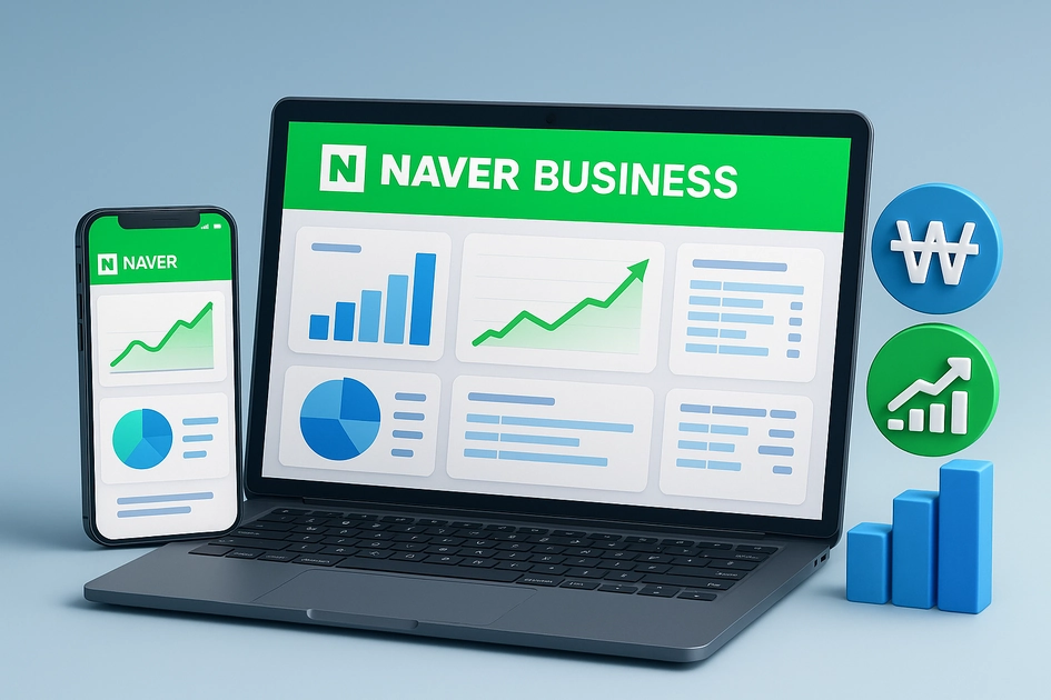 네이버 비즈니스 플랫폼 대시보드와 마케팅 성과 지표를 보여주는 디지털 마케팅 인터페이스