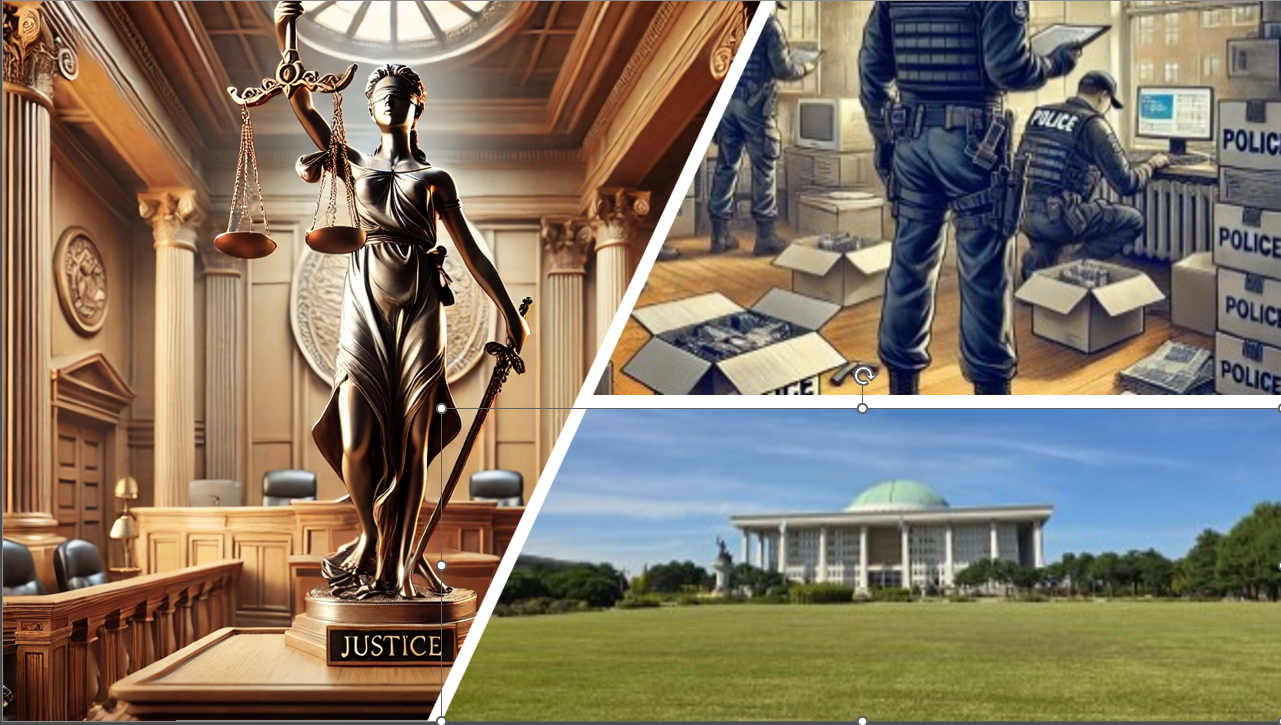 이 사진은 정의의 여신상, 압수수색, 청와대 관련 사진입니다.