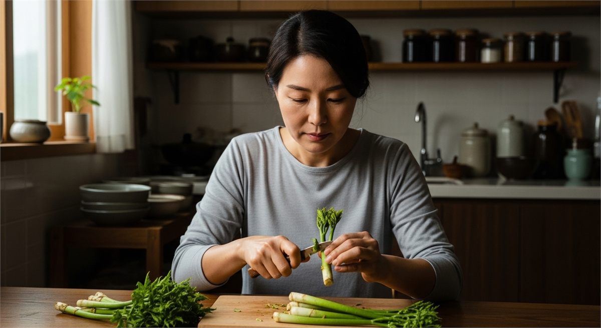 집에서 두릅을 손질하는 한국인 여성의 모습