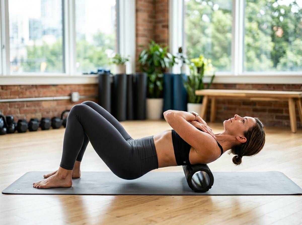 폼롤러 위에 등을 대고 가슴을 시원하게 확장하며 흉추의 신전 운동을 수행하는 전문가의 실사 이미지