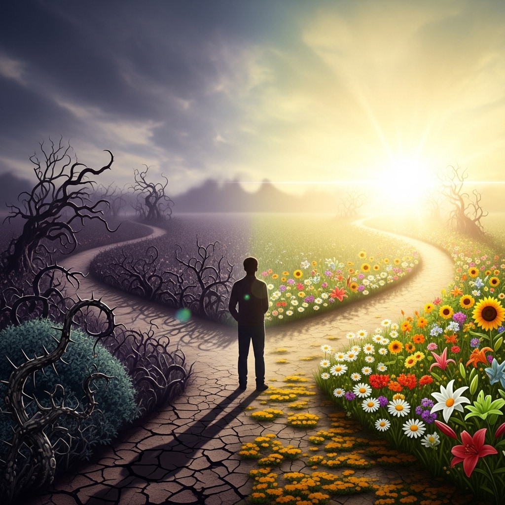 갈림길에서 좋은 습관의 길을 선택하려는 사람의 모습, 자기 계발과 결단력을 상징하는 영감적인 이미지.