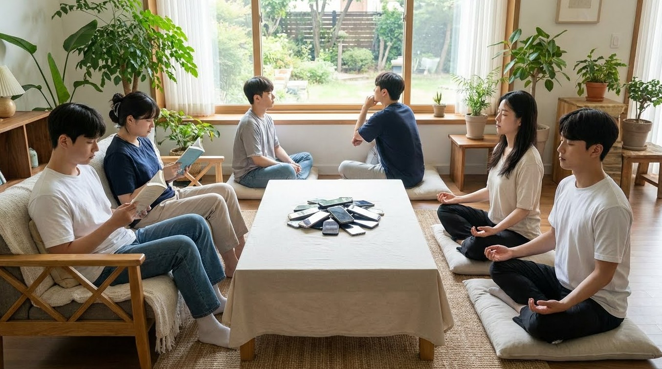 휴대폰을 내려놓고 책을 읽거나 명상을 하며 뇌휴식을 취하는 사진