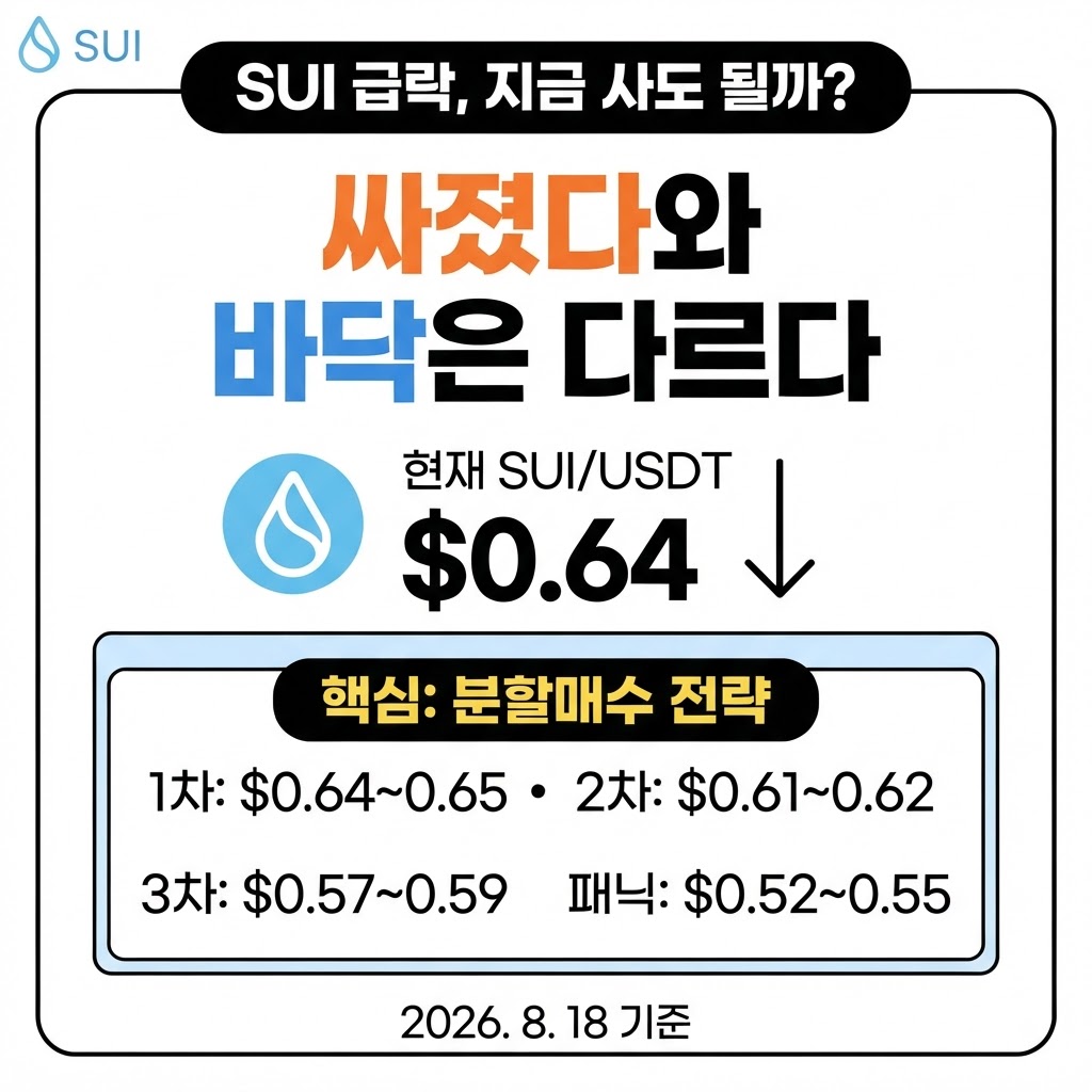 SUI 코인 급락 분석 및 분할매수 전략 요약 썸네일 (SUI/USDT $0.64, 2026년 8월 18일 기준)