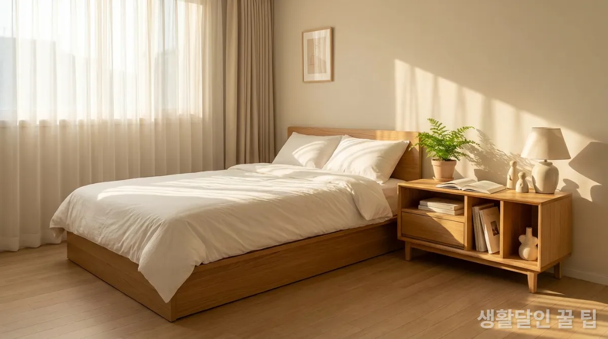 햇살이 비치는 깔끔하게 정돈된 한국 침실의 평화로운 모습