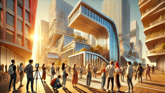 건축물을 탐구하는 사람들 이미지