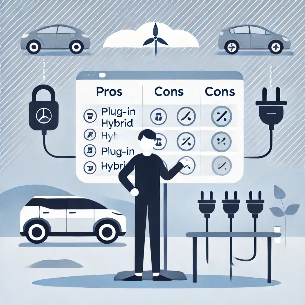 하이브리드와 플러그인 하이브리드 장단점을 설명하는 사람의 그림.