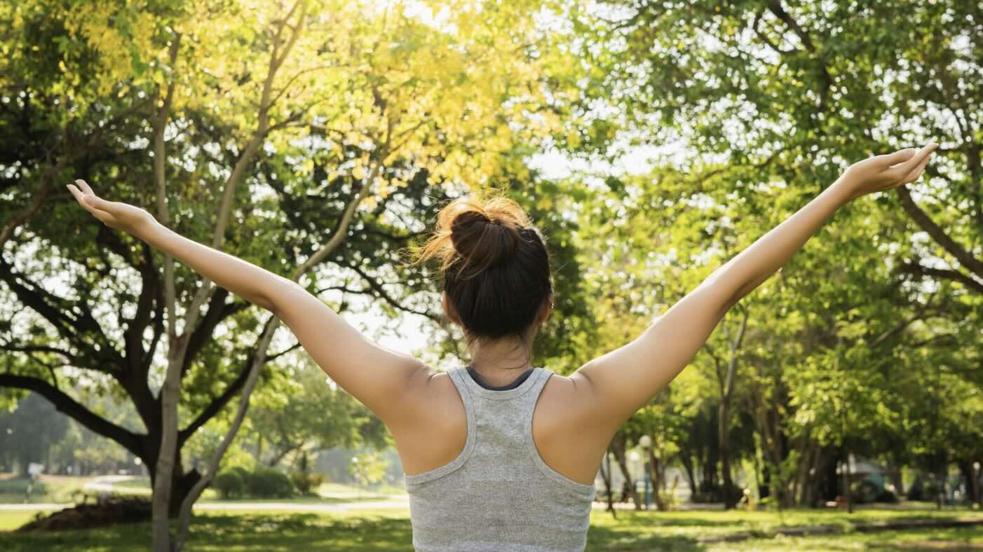 푸른 잎이 무성한 공원에서 양 손을 하늘로 뻗고 스트레칭 하는 여자의 뒷모습
