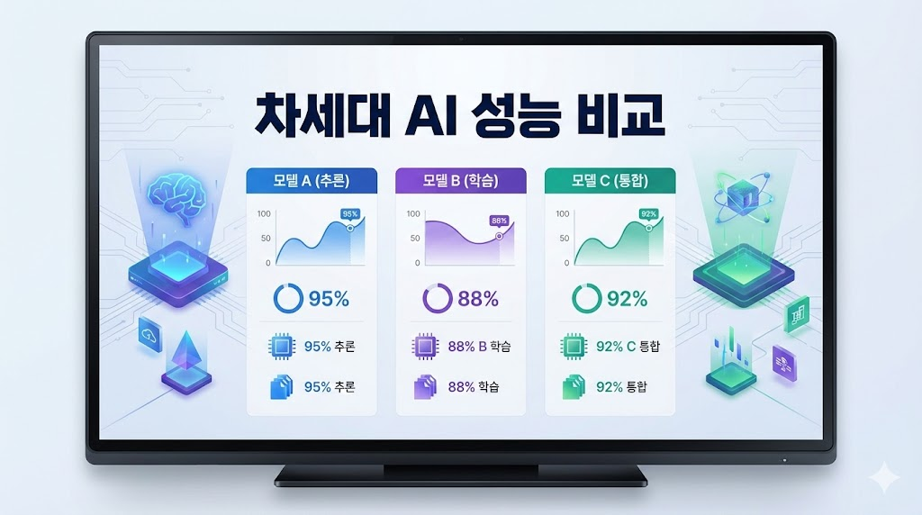 차세대 인공지능 모델들의 추론 성능과 지능을 비교 분석한 고해상도 인포그래픽 디자인.