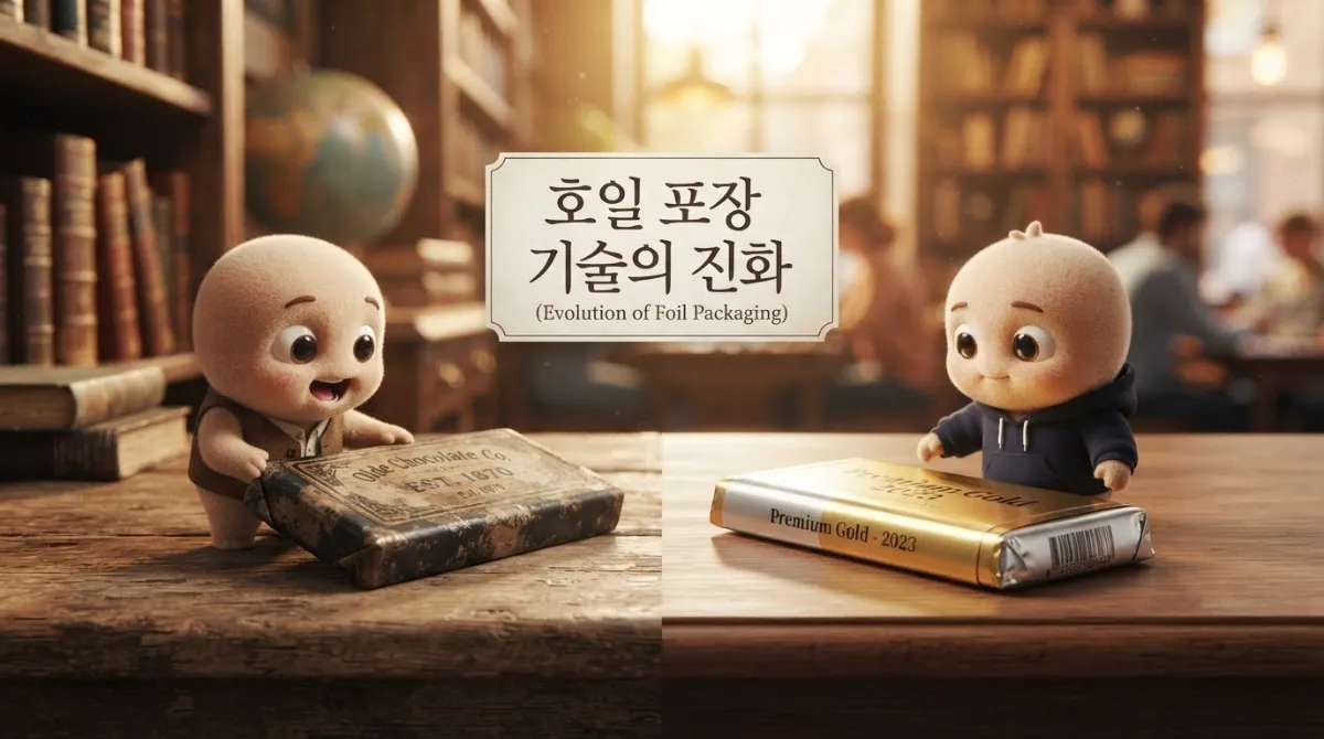 호일 포장 기술의 진화 - 19세기 주석 호일 포장 초콜릿과 현대 알루미늄 호일 포장 초콜릿을 미니미 캐릭터 두 명이 비교하는 빈티지-모던 대비 이미지