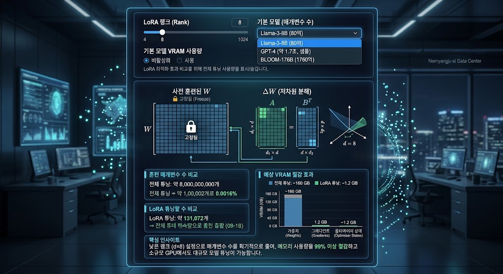 거대한 원본 가중치 행렬을 동결하고 저차원 행렬을 추가하여 VRAM 사용량을 획기적으로 줄이는 LoRA(Low-Rank Adaptation) 학습 매커니즘