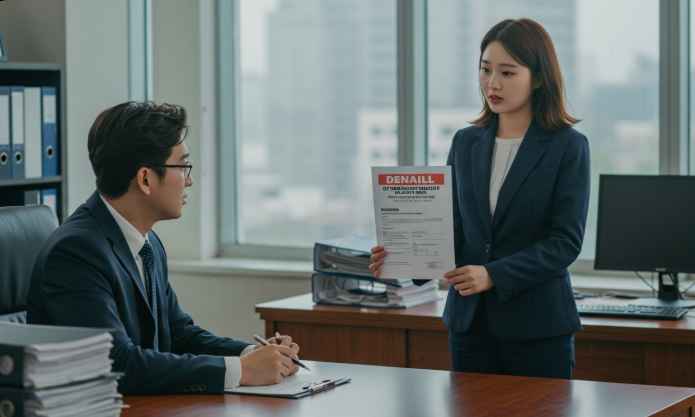 보험사 직원에게 이의 신청하는 여성의 모습