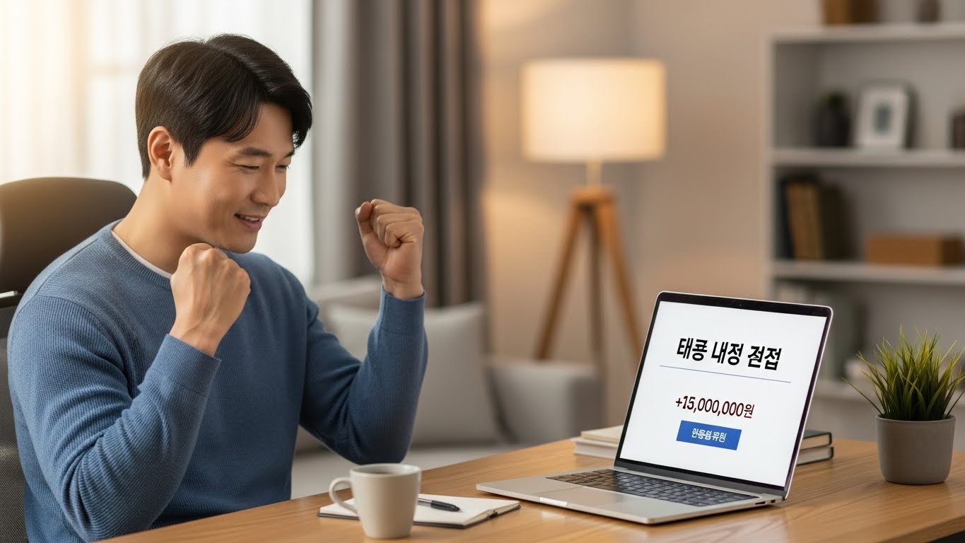 국세청 홈택스에서 연말정산 환급금을 확인하고 기뻐하는 한국인 남성