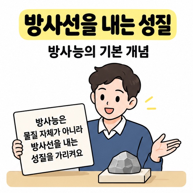 회색 광물 표본 옆에서 남성이 방사능은 방사선을 내는 성질이라고 적힌 안내판을 보여주는 모습