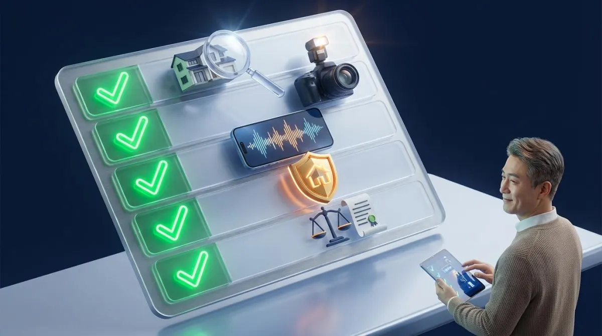 2026년 공시가격 이의신청 전 확인해야 할 5가지 항목을 시각화한 3D 인포그래픽 이미지. 체크리스트와 돋보기, 카메라, 방패 아이콘이 조화롭게 배치되어 체계적인 서류 준비 과정을 상징함