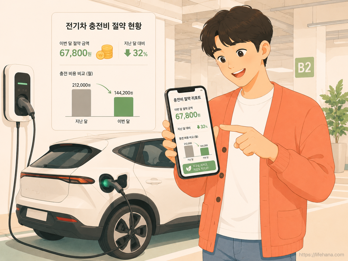 화창한 주택가 아파트 지하 주차장에서 코랄 가디건을 입은 청년이 완속 충전기를 커넥터에 연결하며 스마트폰 앱으로 할인된 단가 요율을 뽀송하게 스크리닝하는 일상 일러스트