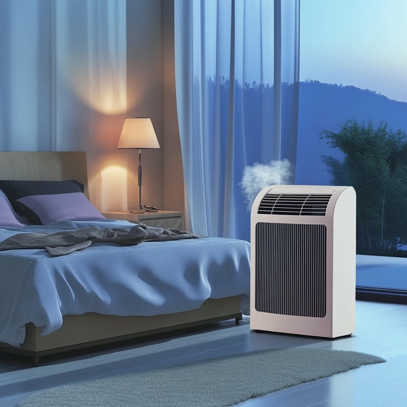 고요한 침실에서 스탠드 에어컨이 조용하게 작동하여 평화롭고 쾌적한 수면 환경을 제공합니다. 세련된 인테리어와 은은한 저녁의 색조가 어우러져 편안함을 선사합니다.