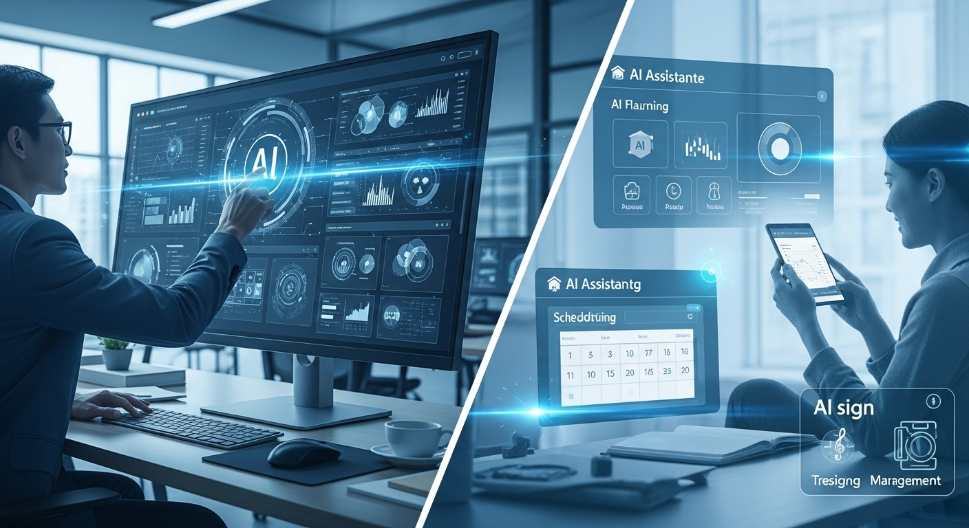 AI가 비즈니스 환경에서 데이터를 분석하고, 일상생활에서 학습을 돕는 다양한 활용 사례를 보여주는 복합 이미지.