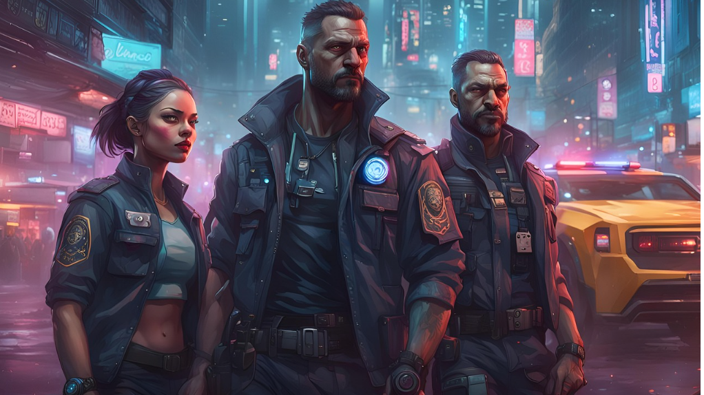 강렬한 표정의 남녀 특수요원들이 어두운 거리에서 작전을 수행하는 장면 마치 무도실무관을 떠오르게한다